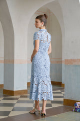 Aurore blue floral-appliqué lace midi dress