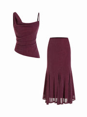 Asymmetrical Neck Glitter Ruched Top & High Rise Ruffled Mermaid Maxi Skirt Set