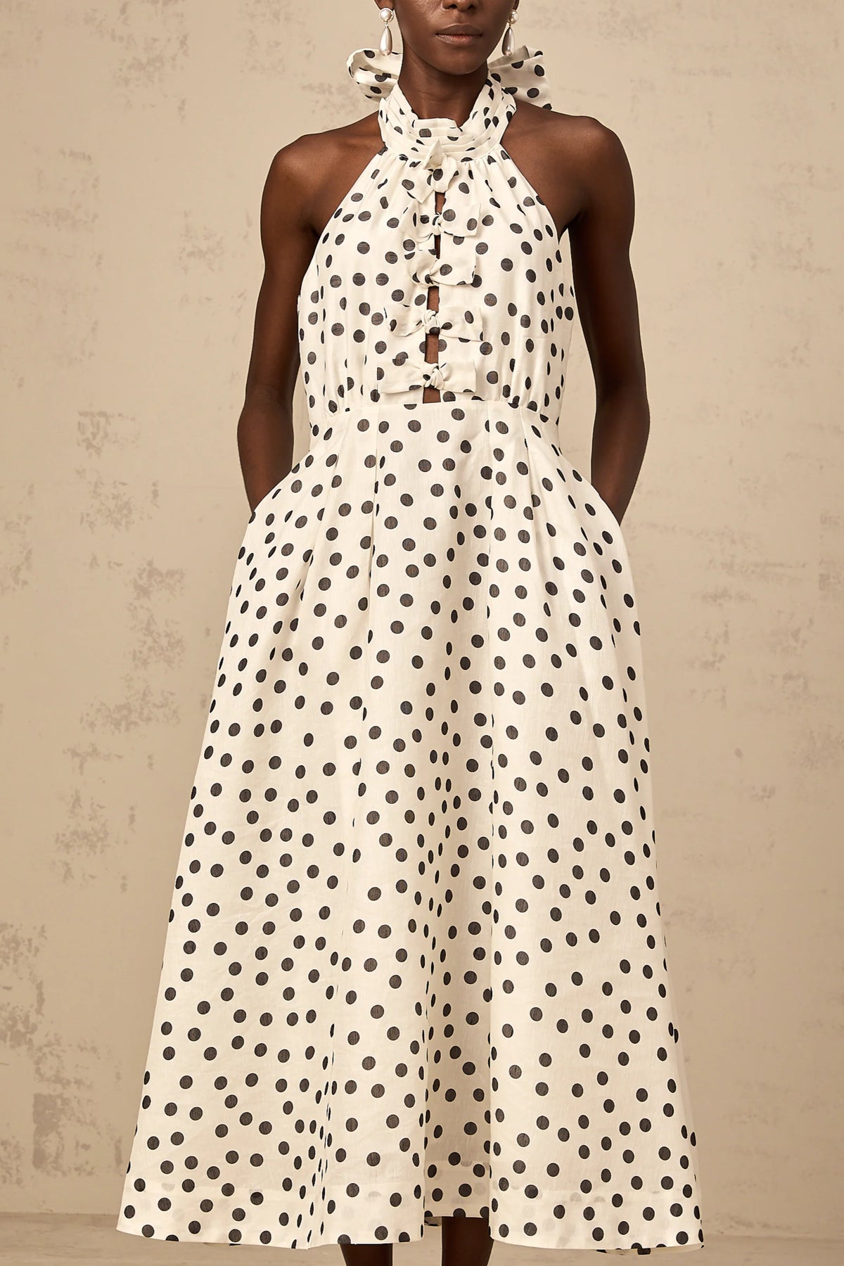 Audrey white bowknot polka-dot midi dress