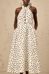 Audrey white bowknot polka-dot midi dress