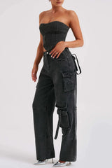 Lyric Cargo Denim Set - Black