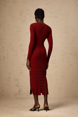 Hilaire red beaded long-sleeve cut-out knit midi dress
