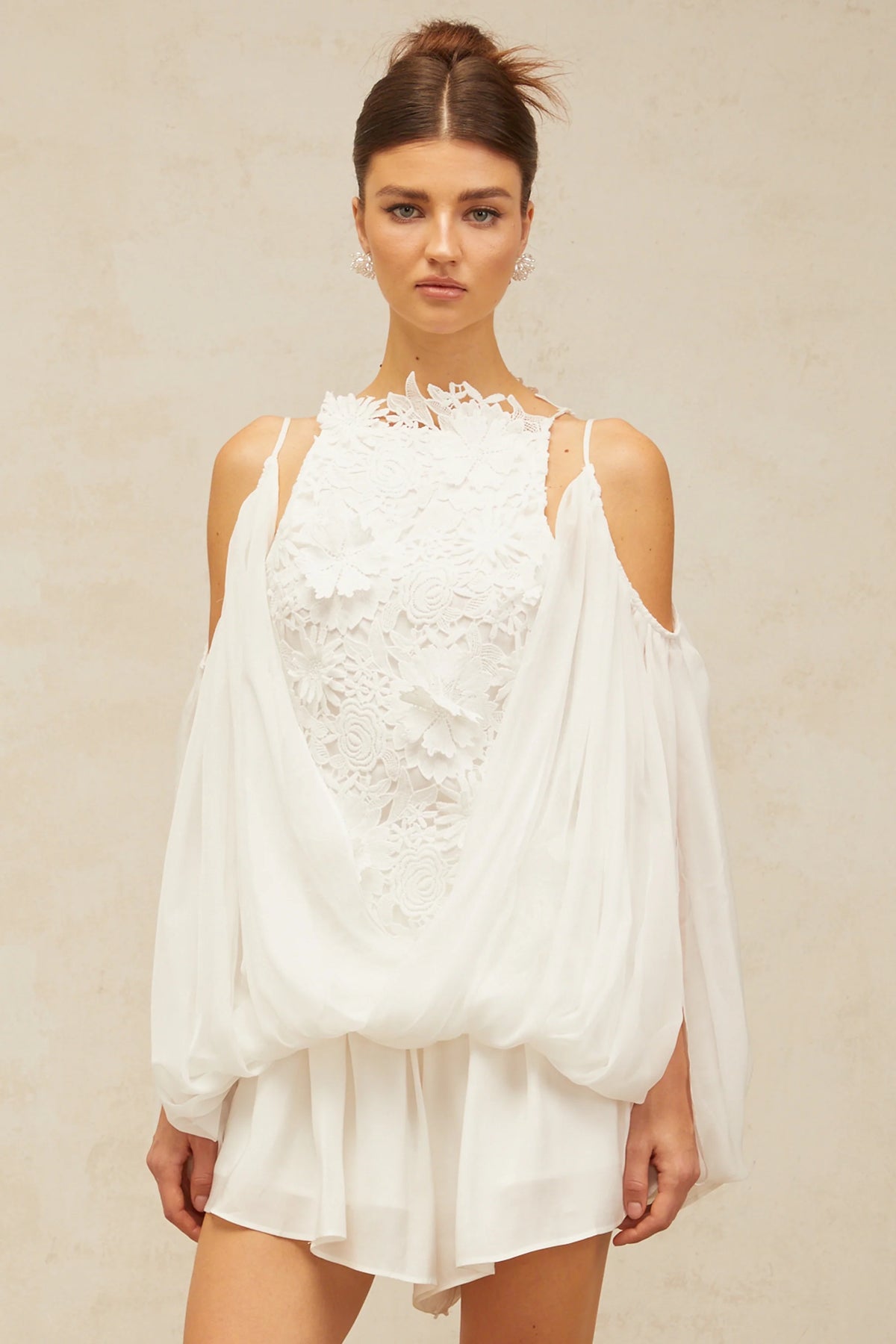 Mailys white floral-lace voile top & shorts matching set