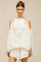 Mailys white floral-lace voile top & shorts matching set