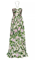 Floral Halterneck Maxi Dress In Green