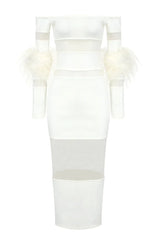 Genesis Off Shoulder Feather Mesh Midi Bandage Dress - White