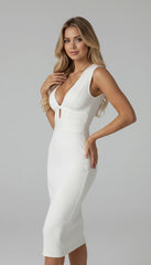 Elegant White Deep V-Neck Cutout Bodycon Midi Dress