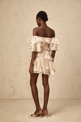 Cerise asymmetric flounce mini dress in Neutrals