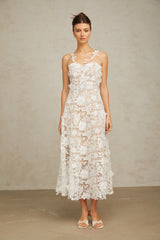 Carole white lace tulle-panelled midi dress