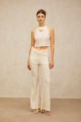 Magali cream-white ruffled-lace-trim jacquard top & trousers matching set