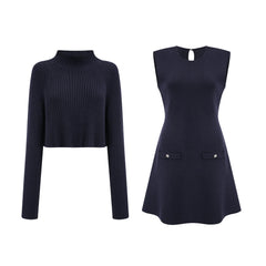 Clarisse dark-blue knitted top & dress matching set