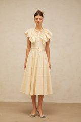 Irène neutrals belted pointelle-trim ruffled midi dress