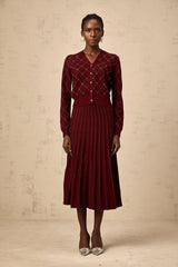 Laurine red embellished argyle intarsia knit cardigan & skirt matching set