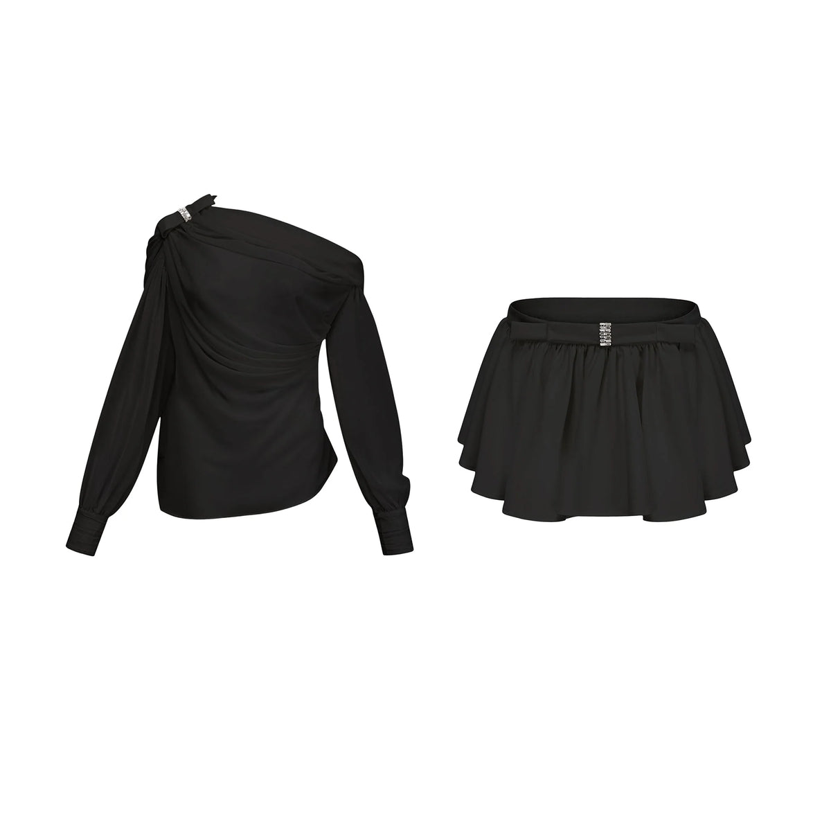 Andrea asymmetric tulle blouse & skirt matching set in Black