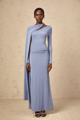 Josette blue diagonal-shawl fitted maxi dress