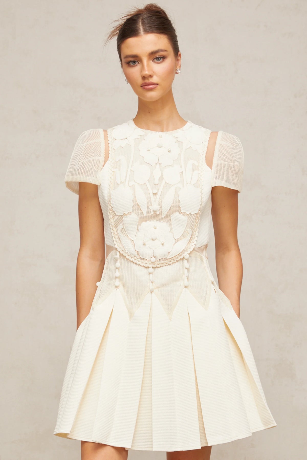Maelle white flower-embroidery mini dress