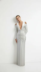 Ahagaga Deep V-Neck Long Party Dress – Folds, Long Sleeves, High Split