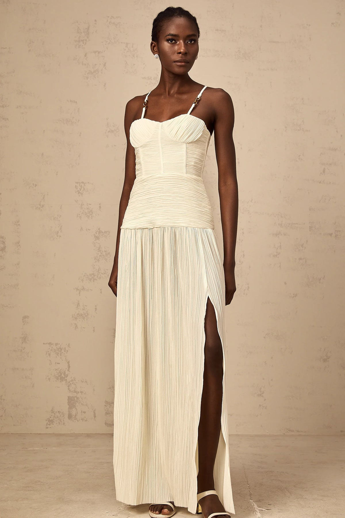 Félicie side-slit pleated maxi dress in Neutrals