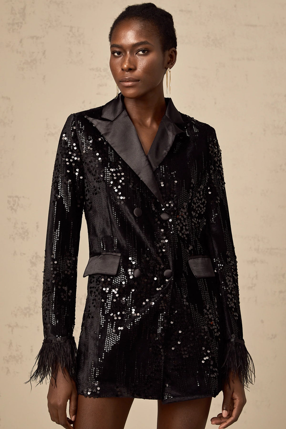 Ariane black feather-trim sequin-embellished blazer