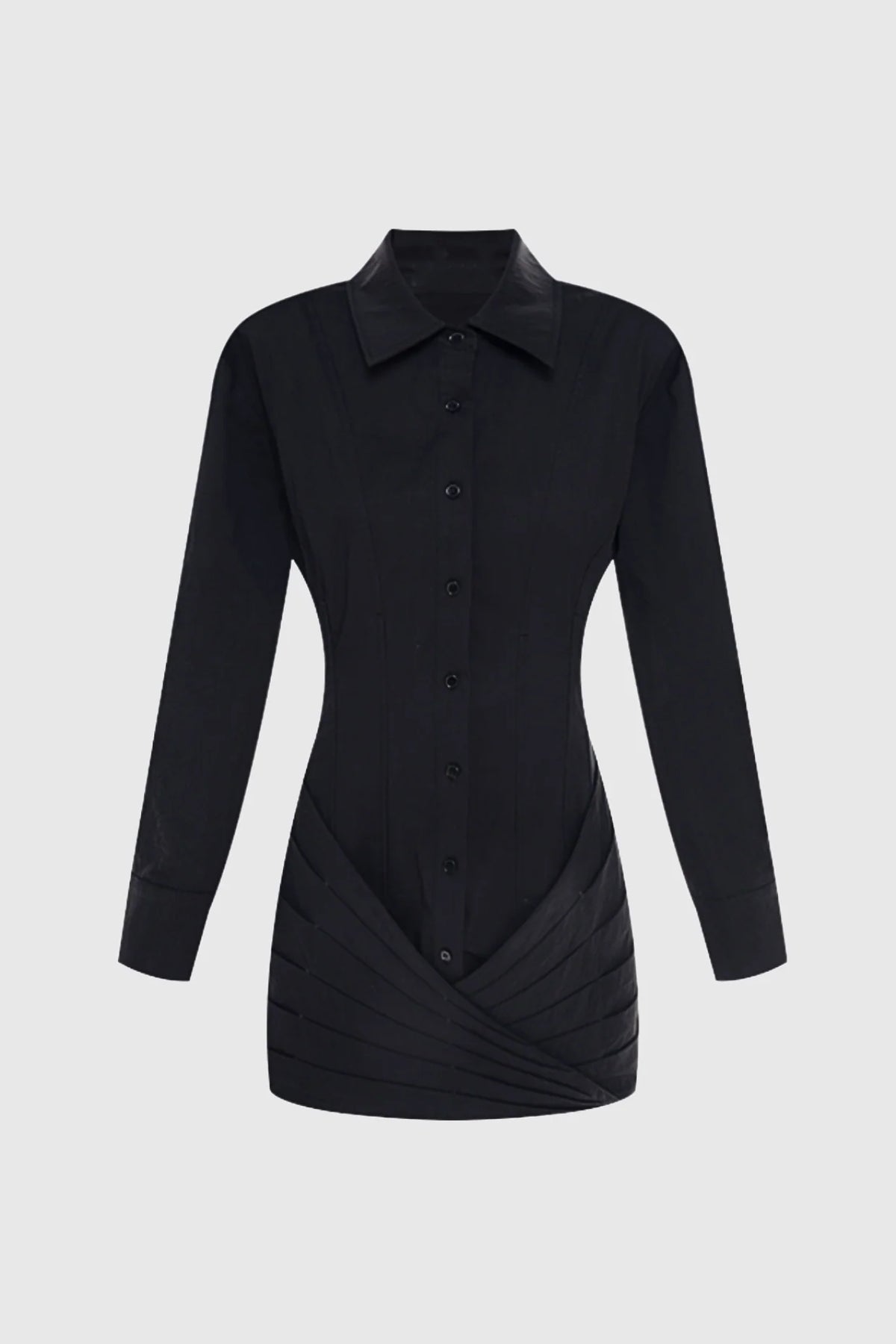 Kretska Cinched-waist Pleated Mini Shirt Dress -Black