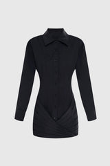 Kretska Cinched-waist Pleated Mini Shirt Dress -Black