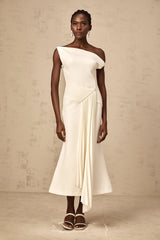 Laurine asymmetric draped midi dress in White