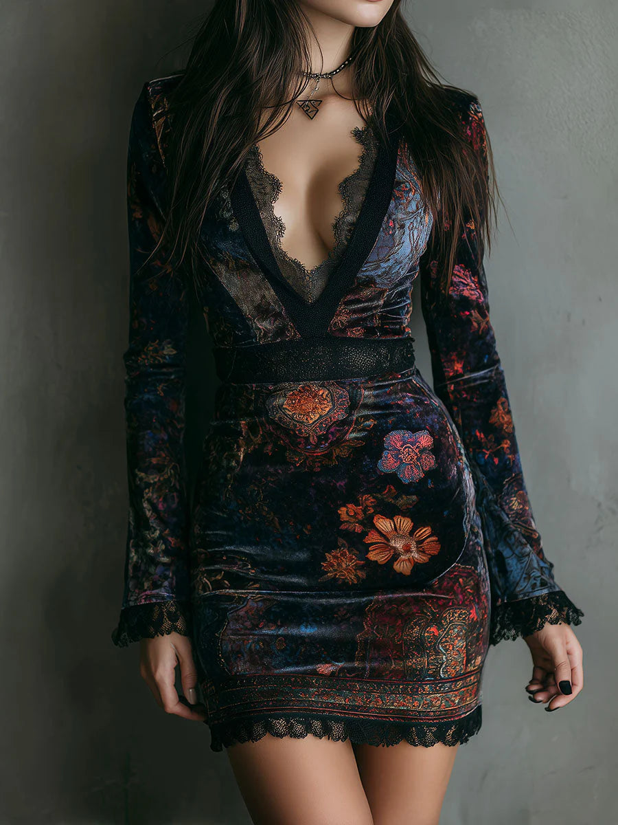 Boho Floral Print V-Neck Velvet Bodycon Mini Dress With Lace Trim