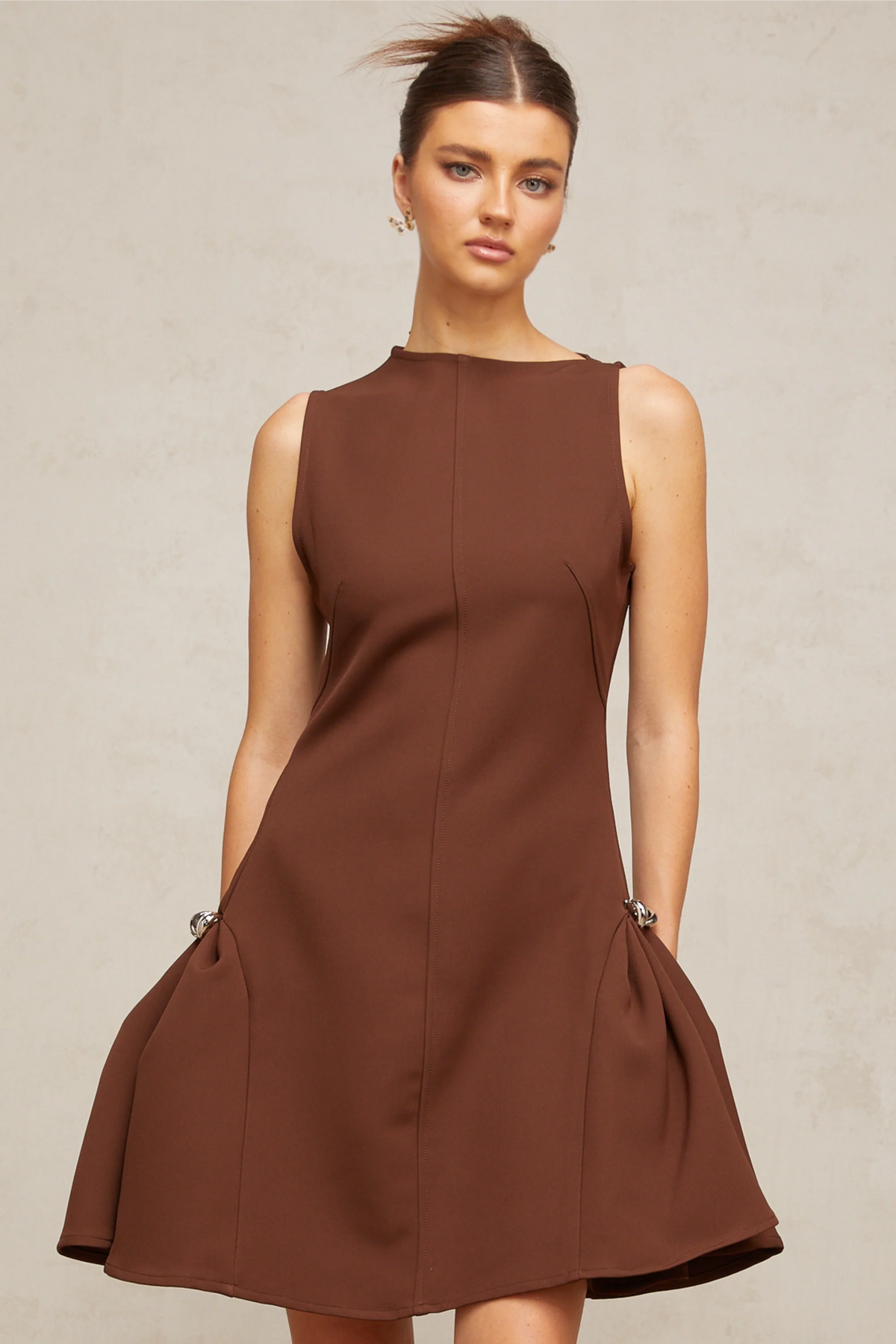 Dora brown asymmetric-neck puff mini dress