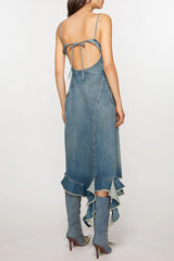 Kenzia Asymmetric Denim Ruffle Midi Dress