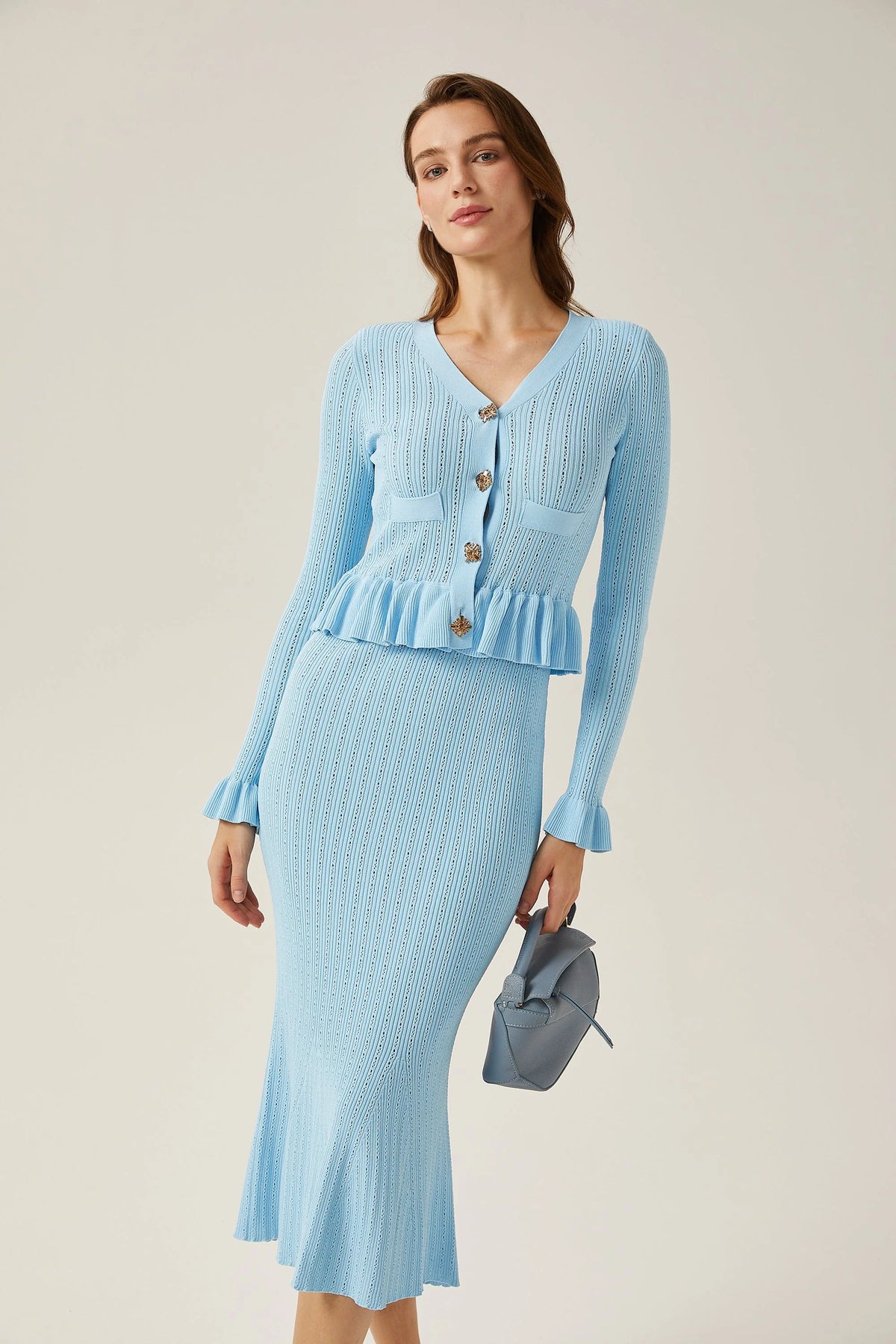 Gabrielle blue flared knitted top & skirt matching set