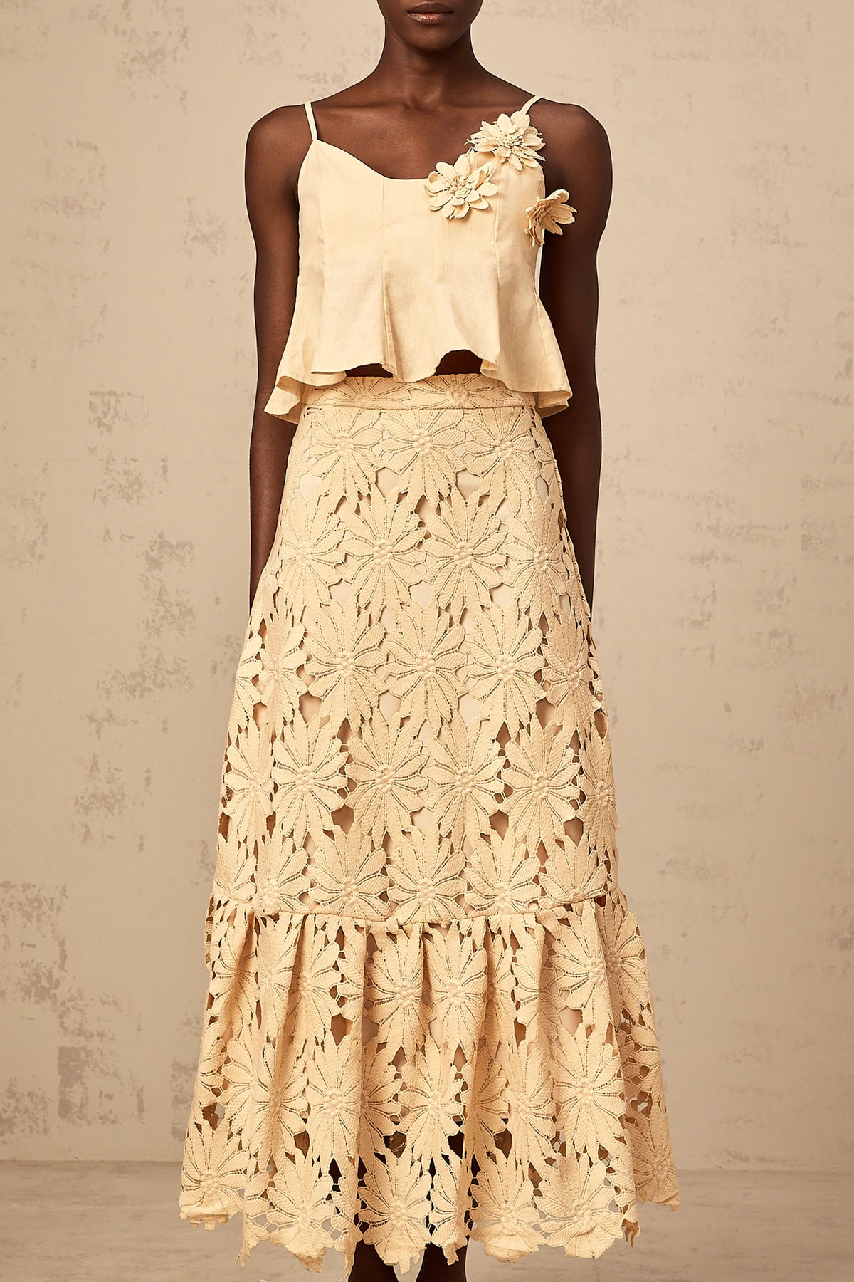 Céline khaki cut-out flared top & skirt matching set
