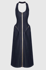 Krishna Halter Denim Corset Contrast-stitching Maxi Dress
