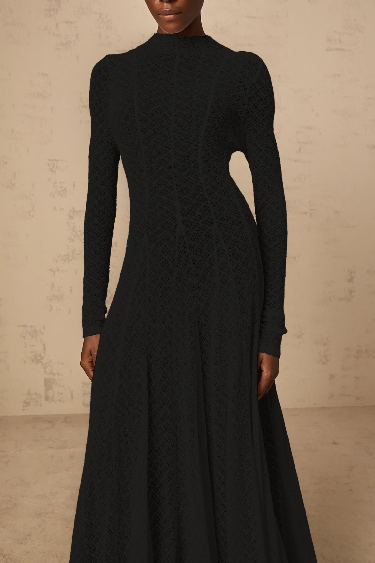 Athena wavy-pattern lace maxi dress in Black