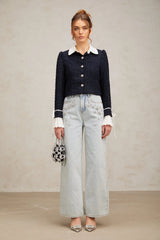 Doriane navy-blue panelled tweed jacket