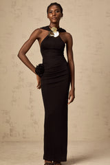 Axelle black floral-appliqué hooded maxi dress