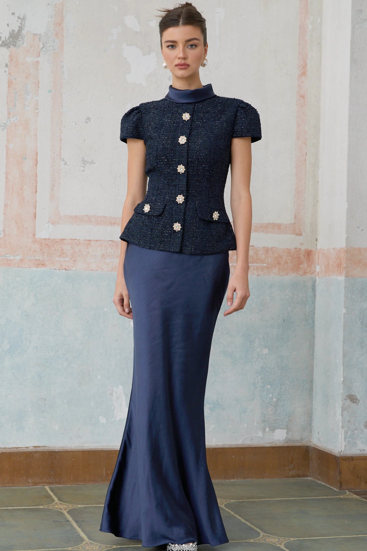 Josette blue peplum-waist panelled maxi dress