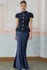 Josette blue peplum-waist panelled maxi dress