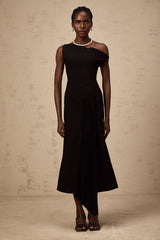 Laurine asymmetric draped midi dress in Black