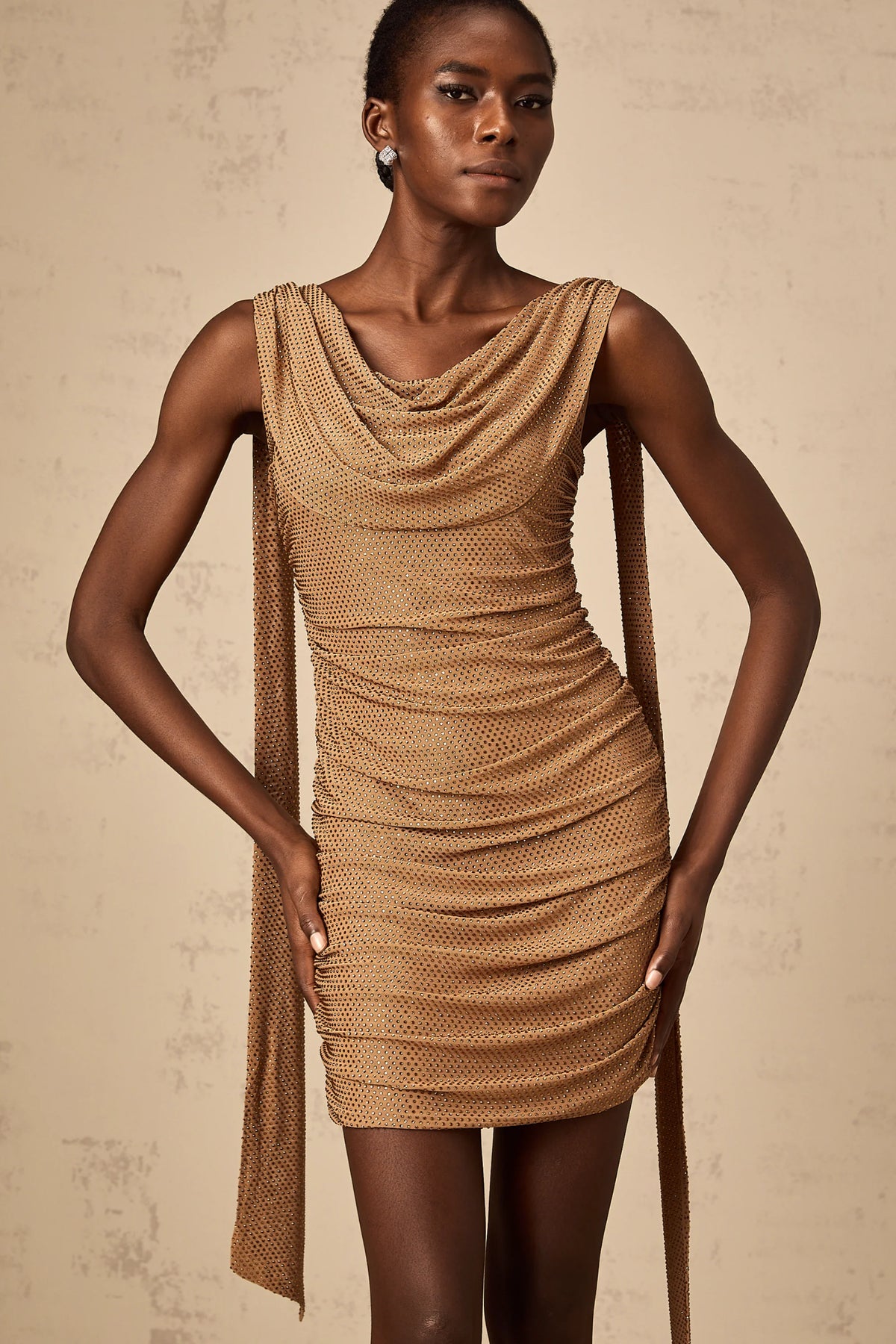 Jacqueline brown rhinestone mini dress