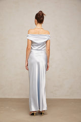 Amanda blue off-shoulder ruched satin maxi dress