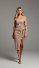 Elegant Off-Shoulder Shimmer Ruched High-Slit Midi Dress