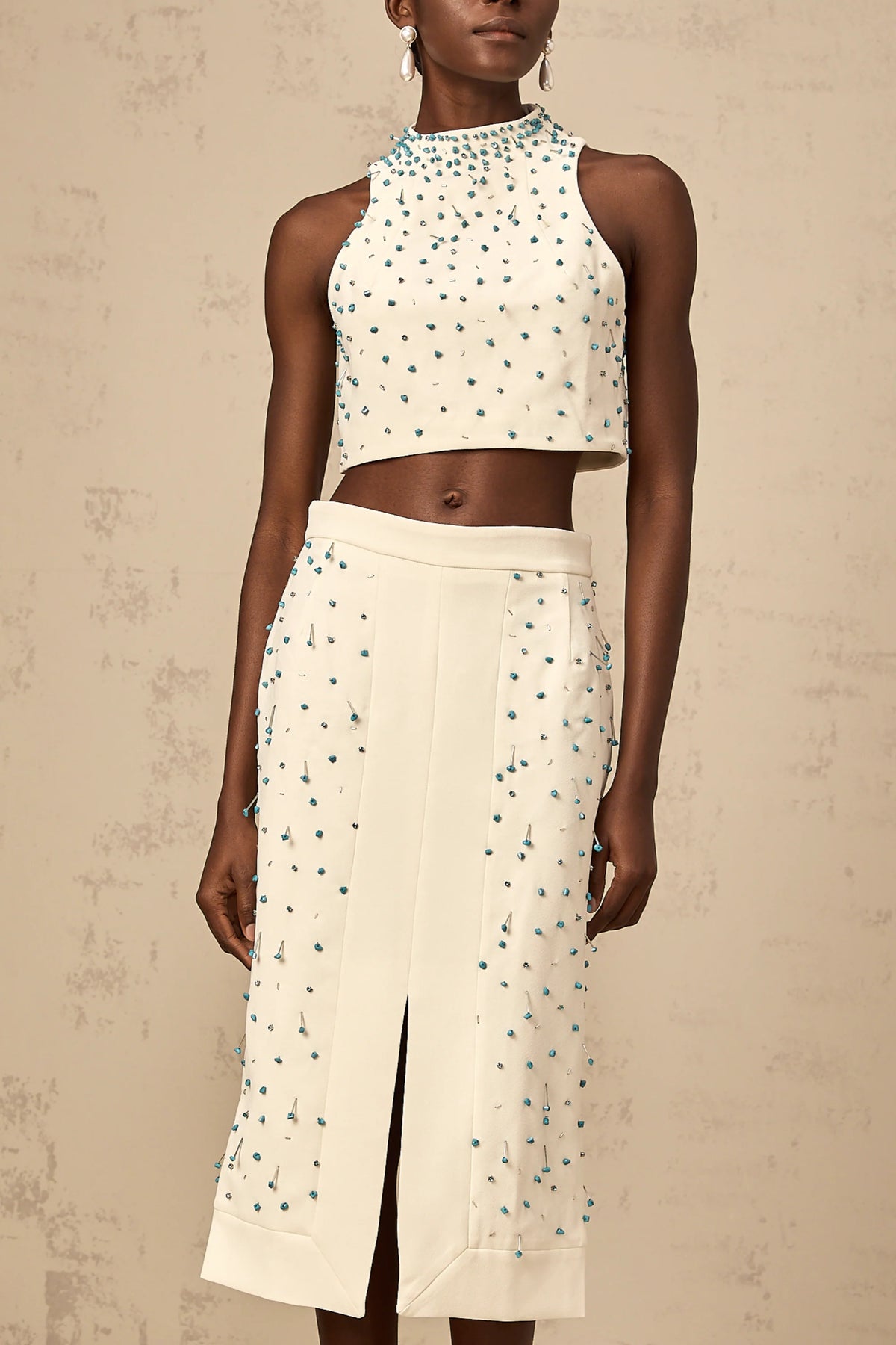 Clothilde off-white embellished top & skirt matching set