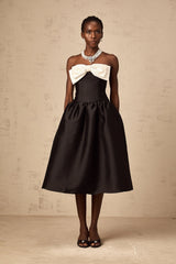 Georgette black bowknot off-shoulder midi dress