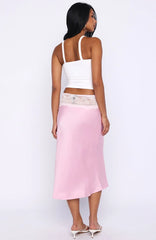 For A Long Time Lace Trim Midi Skirt Pink