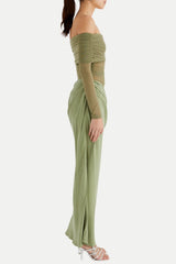 Enko Off Shoulder Ruched Mesh Maxi Dress - Green