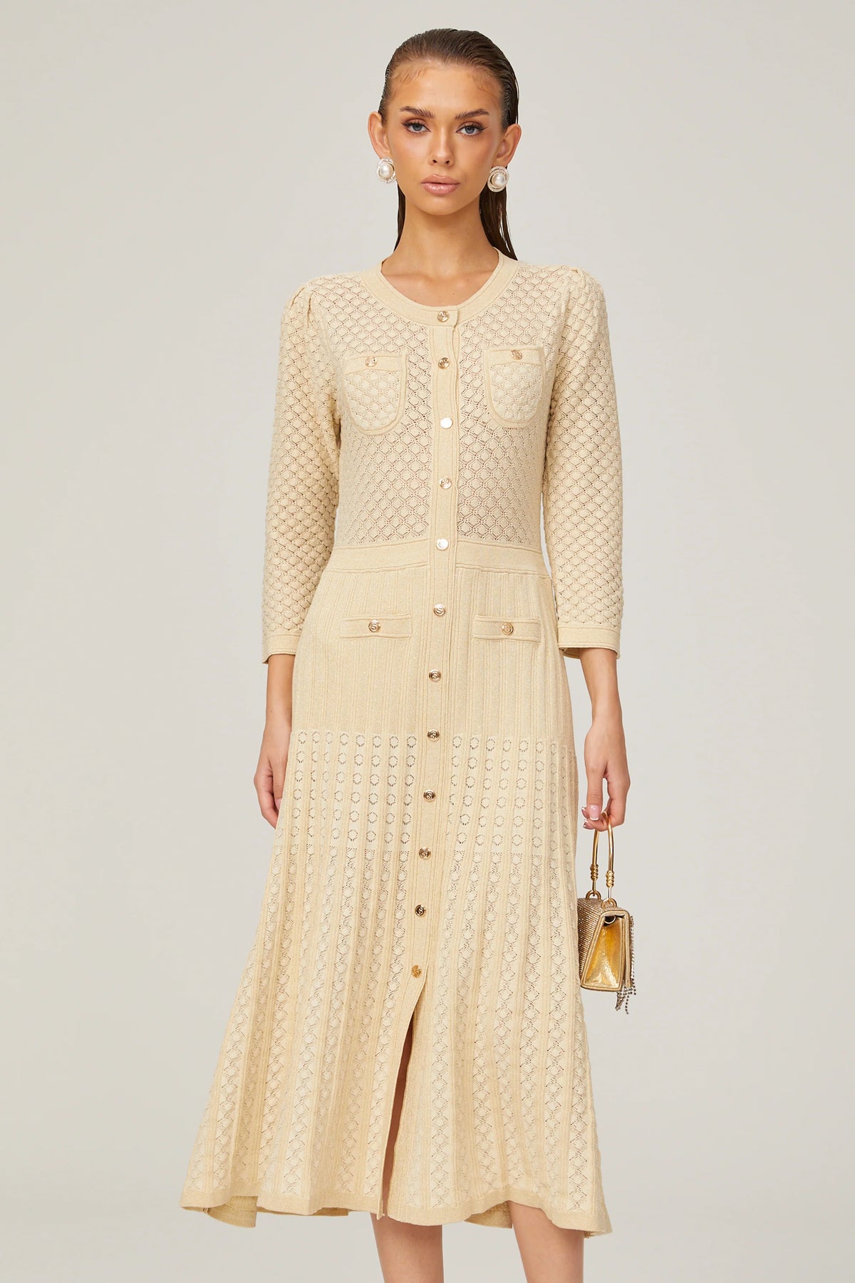 Élodie knitted long-sleeve midi dress in Neutrals