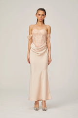 Ariane pink lace-panel draped midi dress
