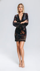 Boho Floral Print V-Neck Velvet Bodycon Mini Dress With Lace Trim