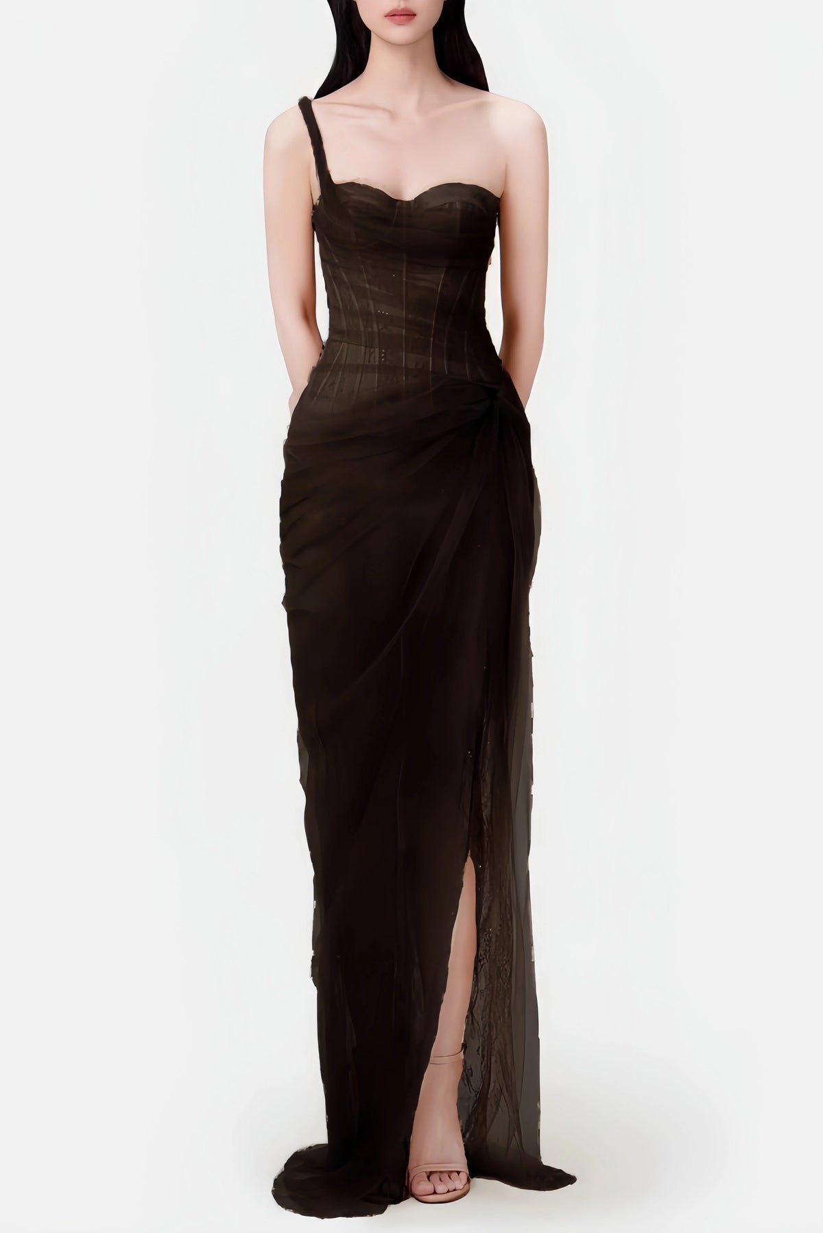 Inina Lace Corset One Shoulder Midi Dress - Black