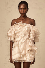Cerise asymmetric flounce mini dress in Neutrals